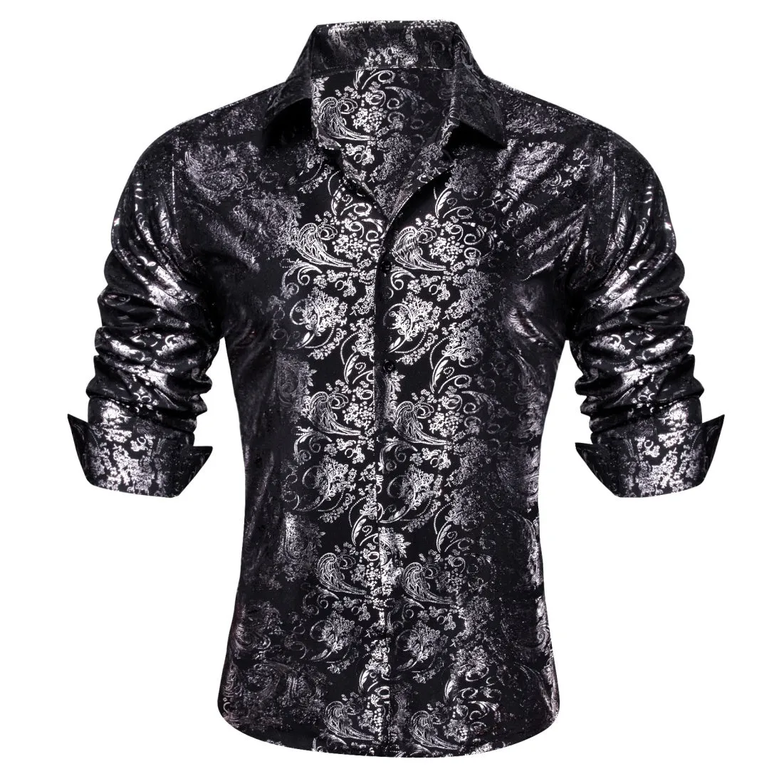Barry Wang Black Shirt Silver Pattern Men's Novelty Button Down Shirt