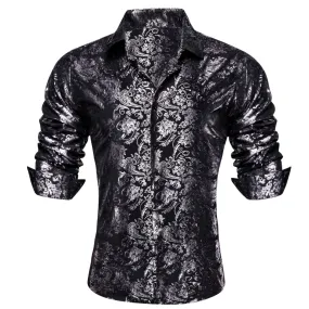 Barry Wang Black Shirt Silver Pattern Men's Novelty Button Down Shirt