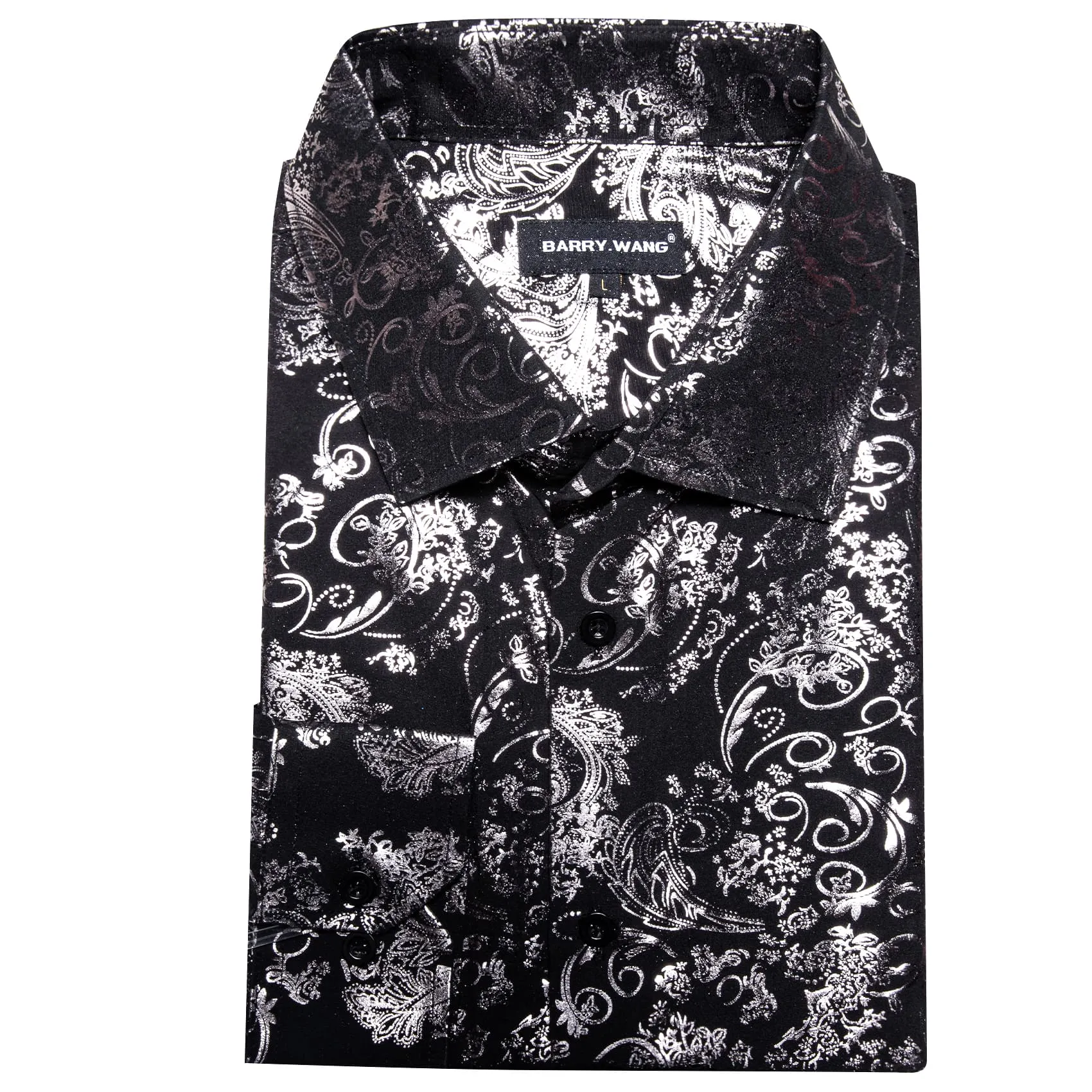 Barry Wang Black Shirt Silver Pattern Men's Novelty Button Down Shirt