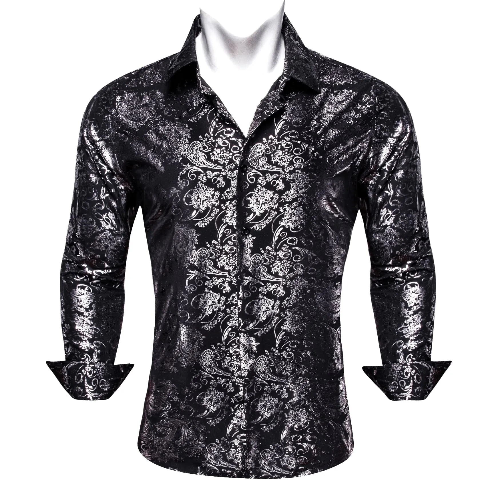 Barry Wang Black Shirt Silver Pattern Men's Novelty Button Down Shirt