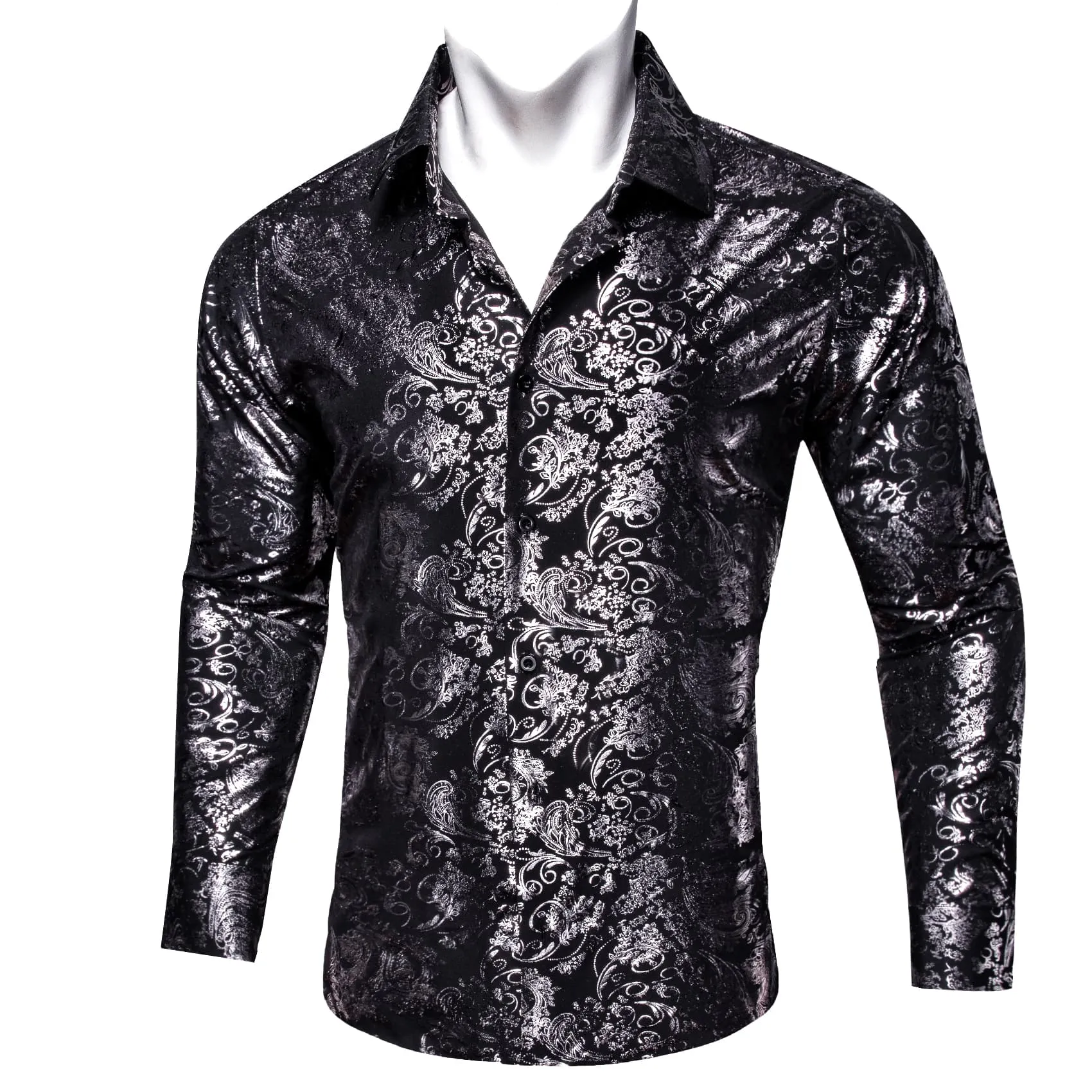 Barry Wang Black Shirt Silver Pattern Men's Novelty Button Down Shirt