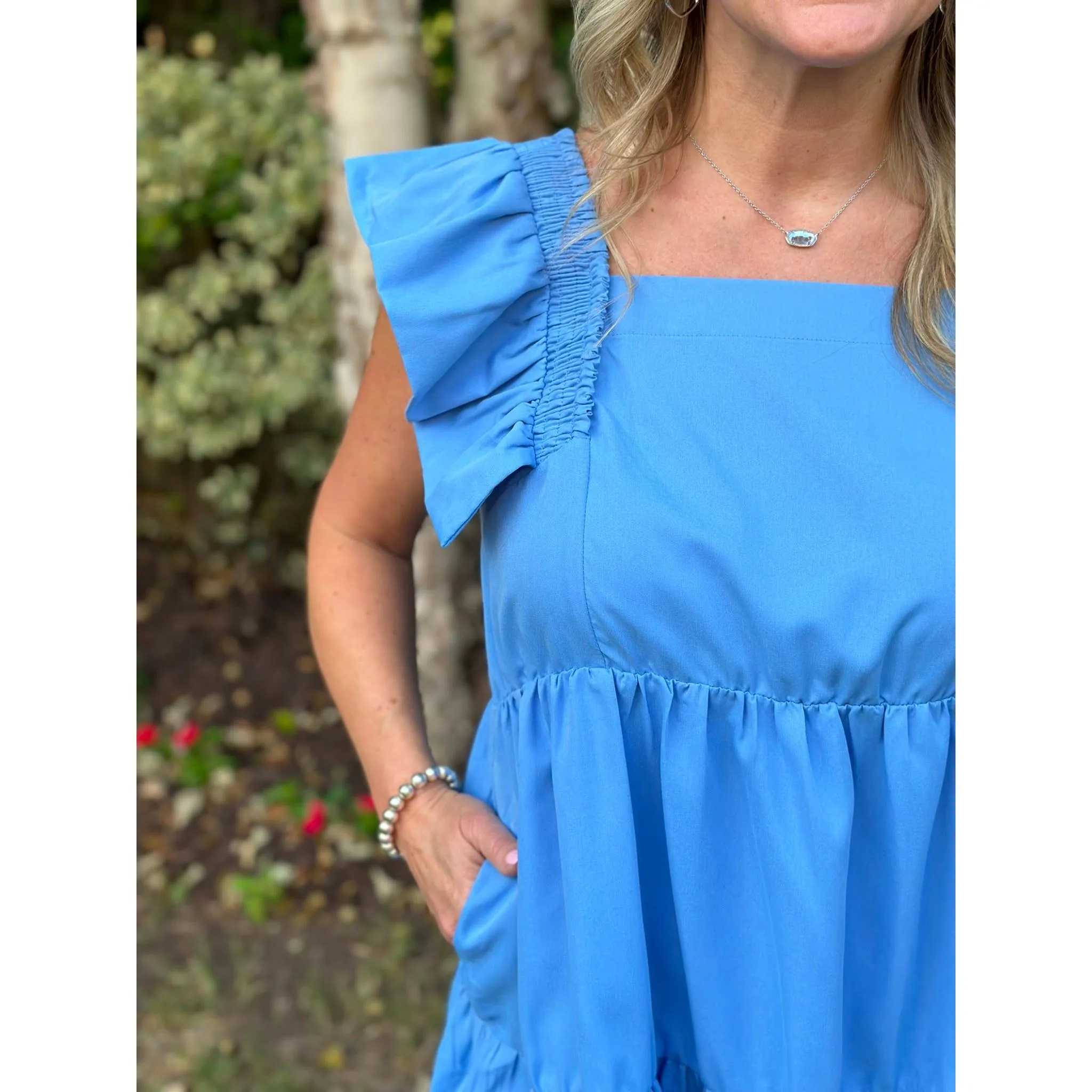 Carolina Solid Ruffle Sleeve Tiered Dress - Chambray - FINAL SALE