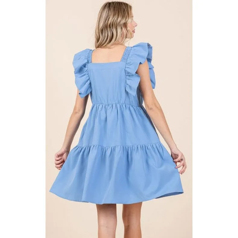Carolina Solid Ruffle Sleeve Tiered Dress - Chambray - FINAL SALE