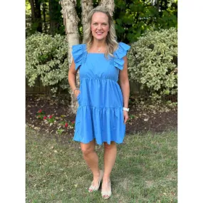 Carolina Solid Ruffle Sleeve Tiered Dress - Chambray - FINAL SALE