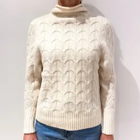 Cream Chunk Cable Knit Cashmere Polo Neck Jumper Small