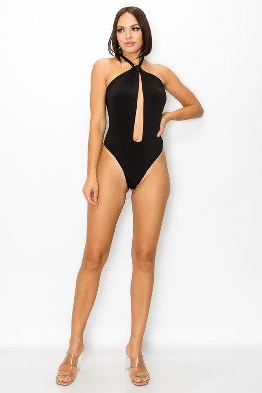 cut out front halter bodysuit