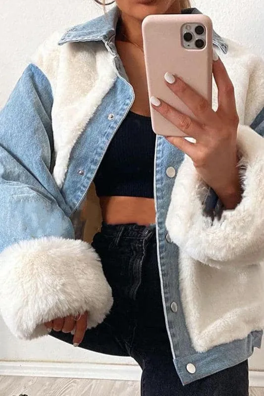 DX923 Plush Denim Stitching Jacket