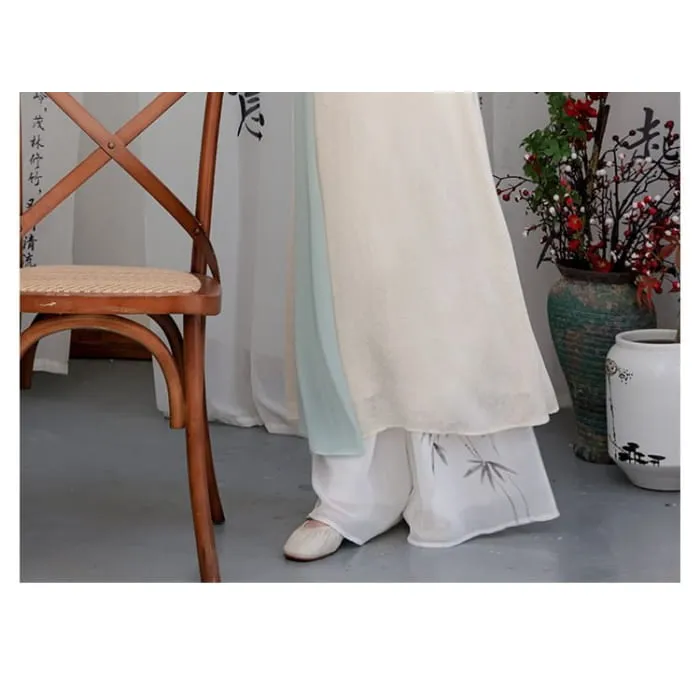 Flared-Sleeve Two Tone Maxi Hanfu Dress / Mid Rise Plain Wide Leg Pants