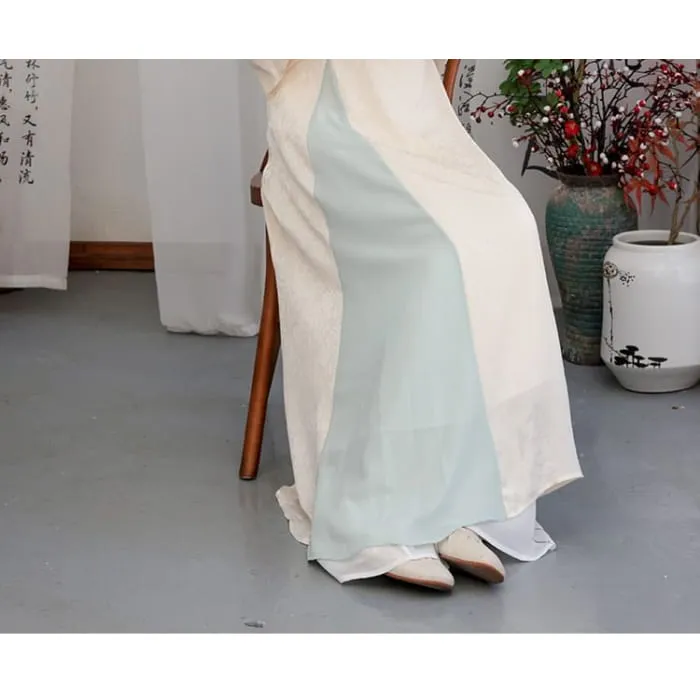 Flared-Sleeve Two Tone Maxi Hanfu Dress / Mid Rise Plain Wide Leg Pants