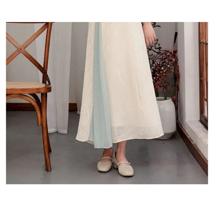 Flared-Sleeve Two Tone Maxi Hanfu Dress / Mid Rise Plain Wide Leg Pants