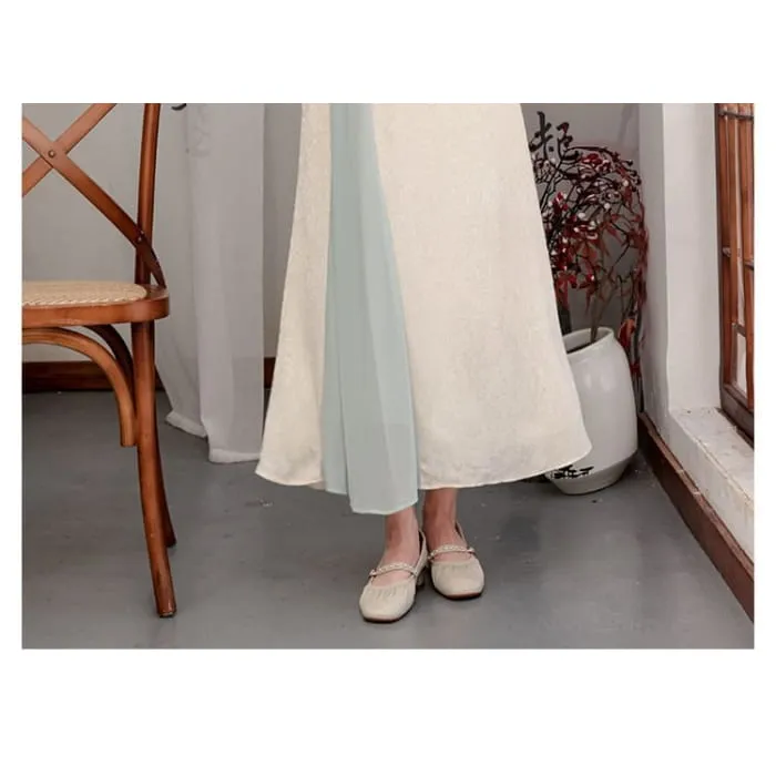 Flared-Sleeve Two Tone Maxi Hanfu Dress / Mid Rise Plain Wide Leg Pants