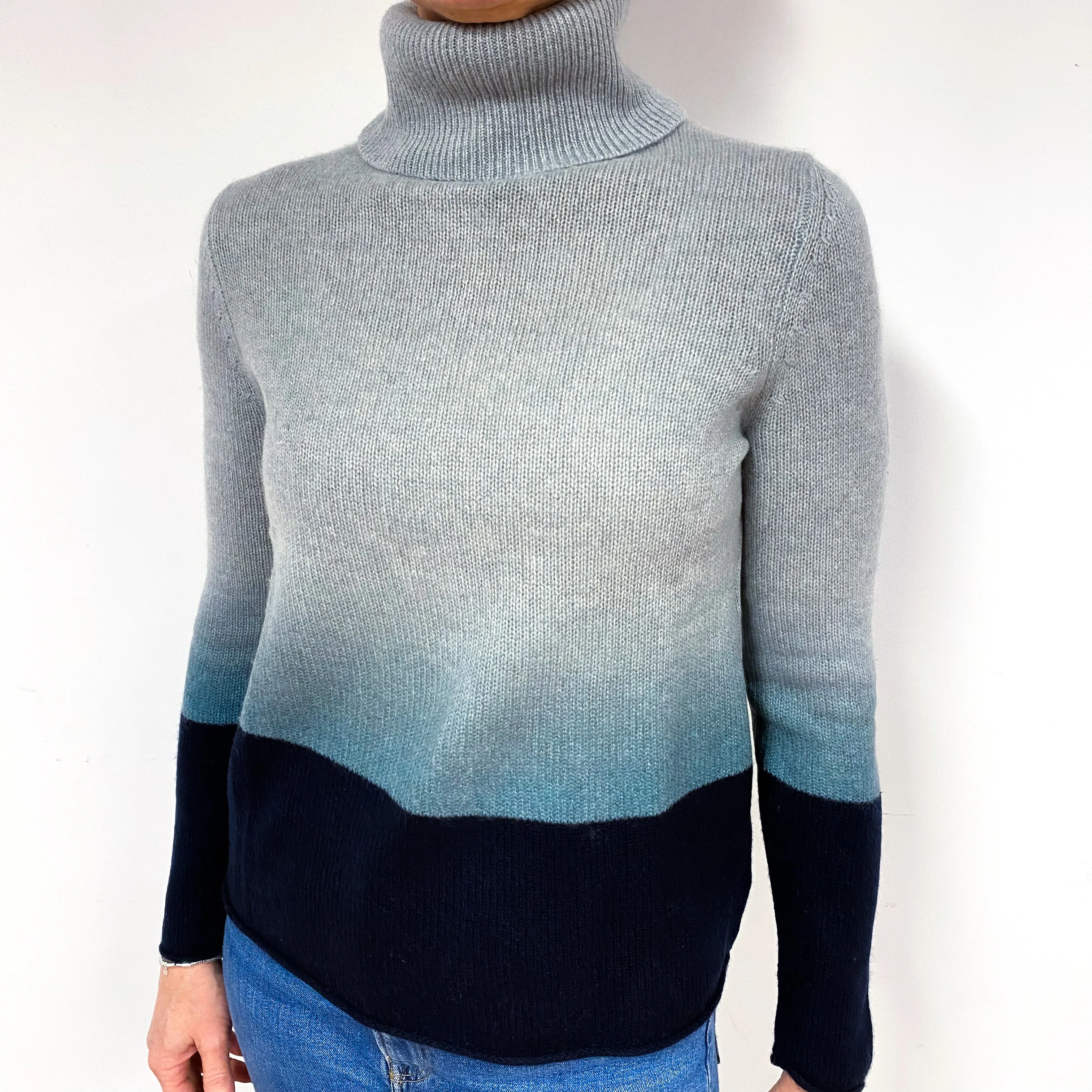 Grey Blue Ombré Cashmere Polo Neck Jumper Medium
