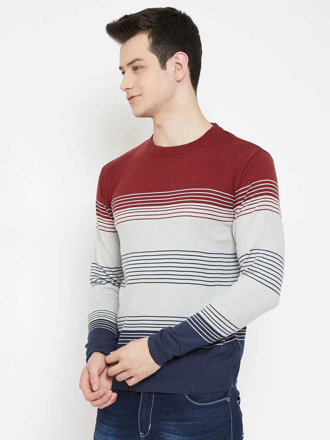 JUMP USA Men Red Striped Round Neck Casual Pullover