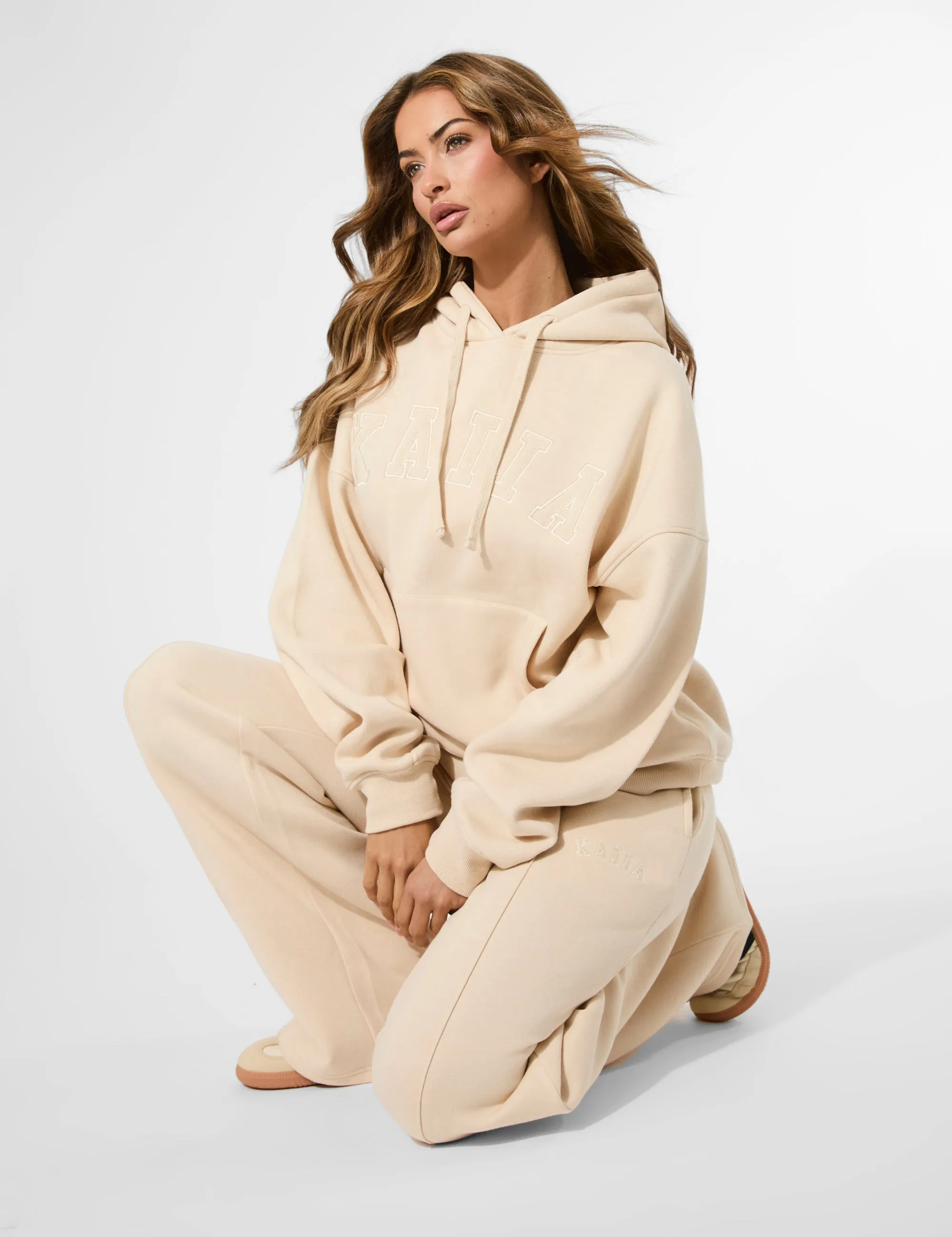 Kaiia Seam Detail Wide Leg Joggers Custard Cream
