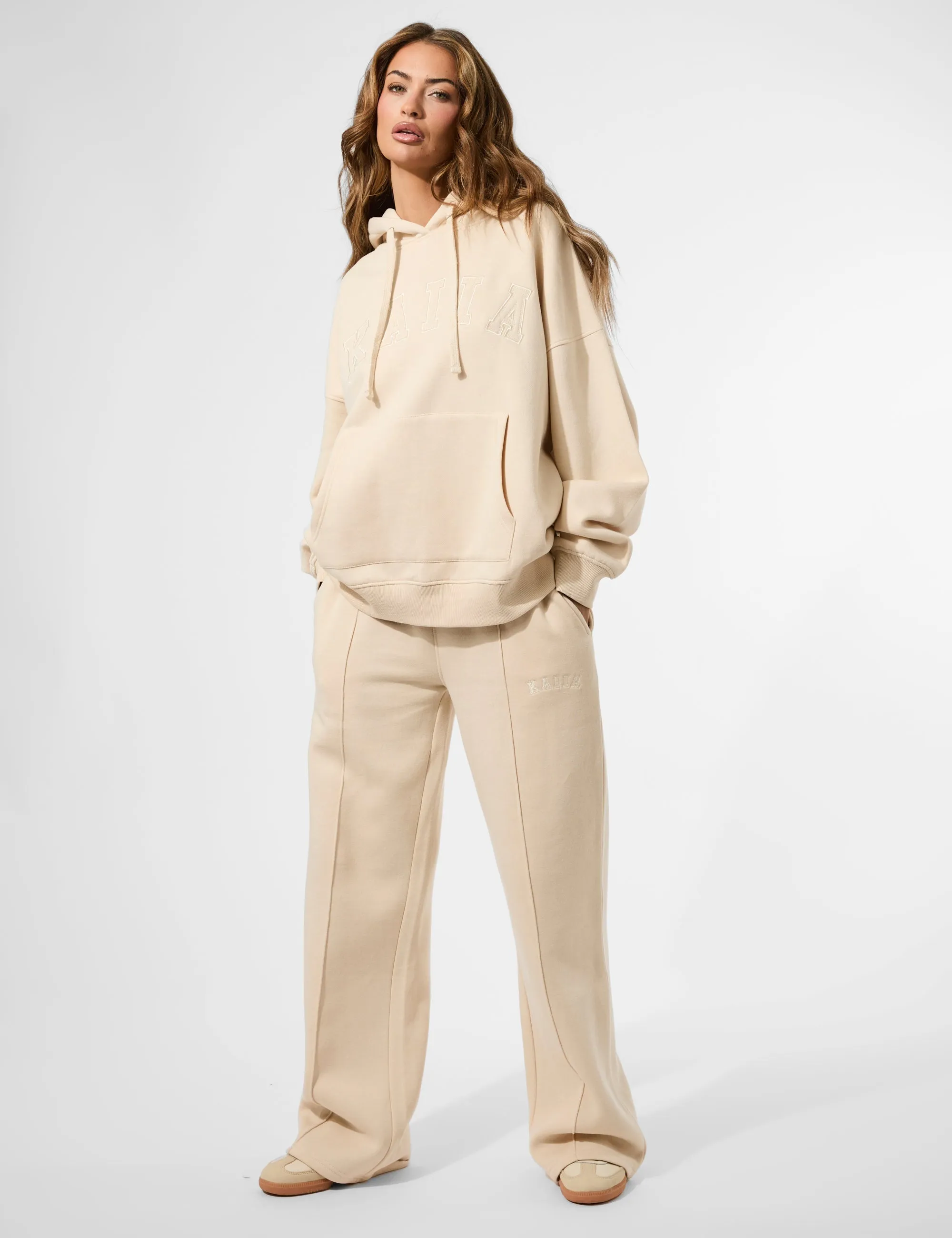 Kaiia Seam Detail Wide Leg Joggers Custard Cream
