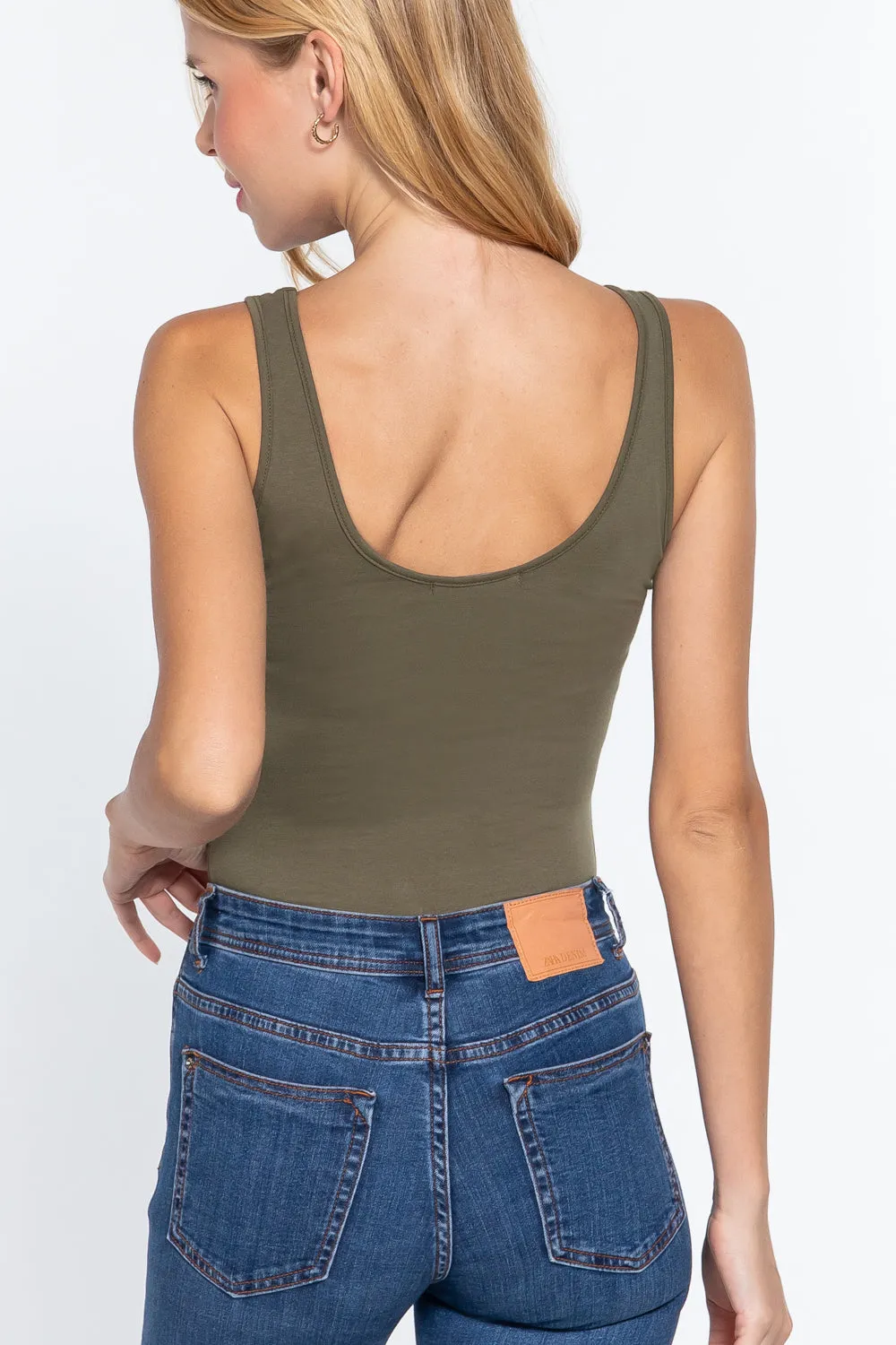 Khanomak Women's Sleeveless Double Scoop Neck Cotton Spandex Jersey Bodysuit