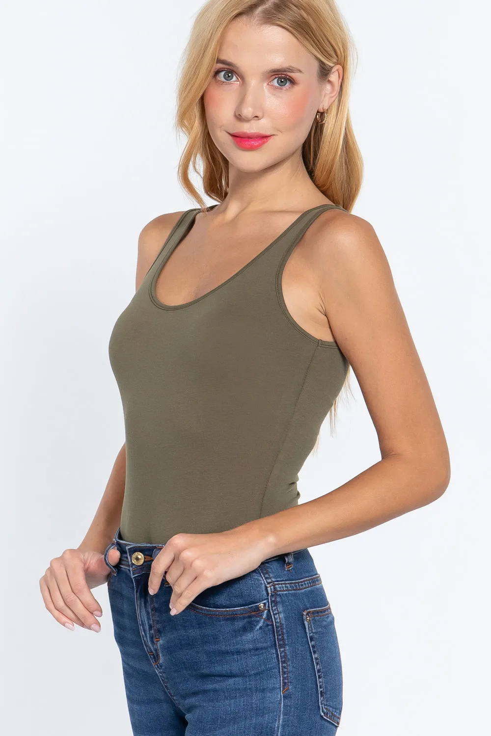 Khanomak Women's Sleeveless Double Scoop Neck Cotton Spandex Jersey Bodysuit