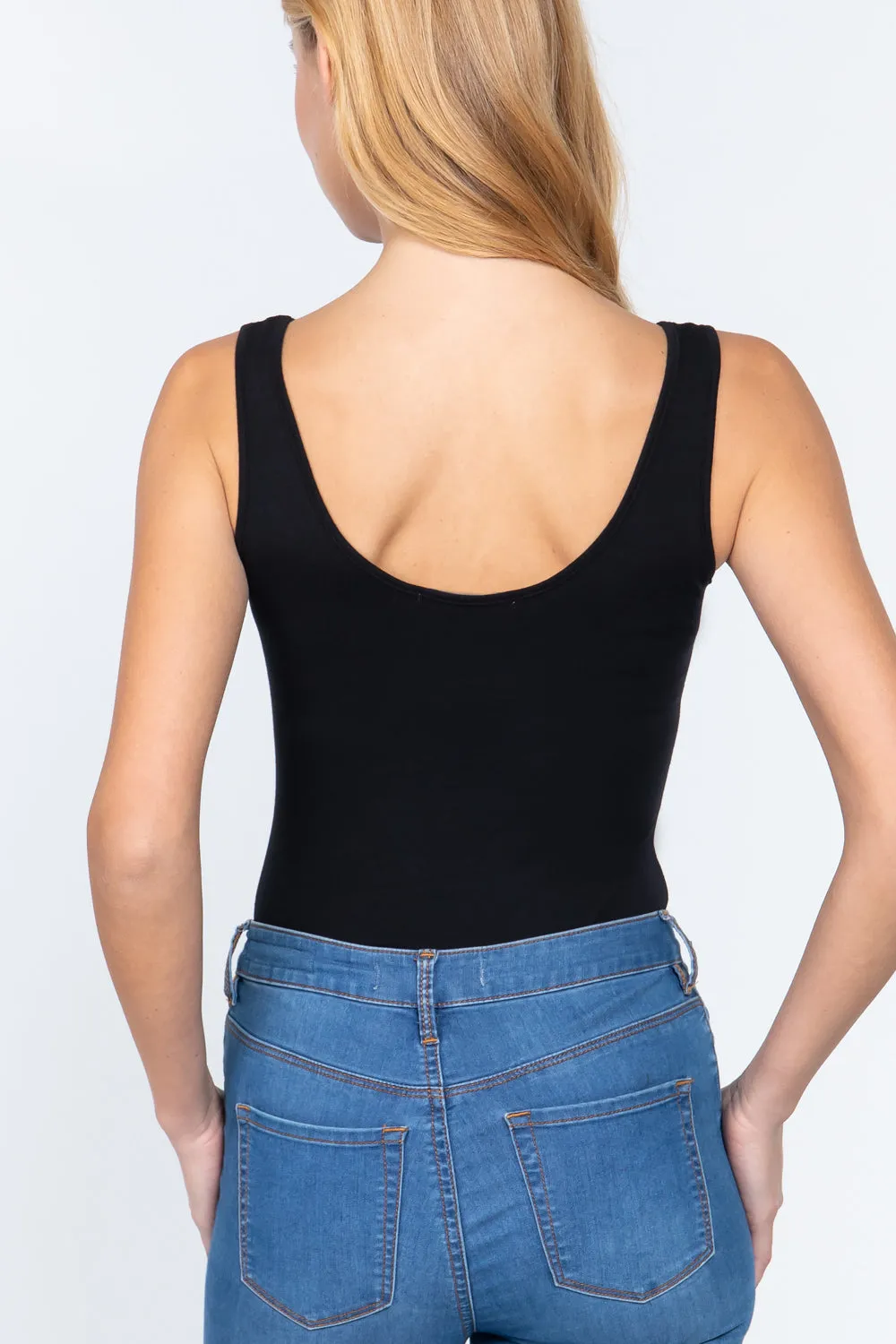 Khanomak Women's Sleeveless Double Scoop Neck Cotton Spandex Jersey Bodysuit