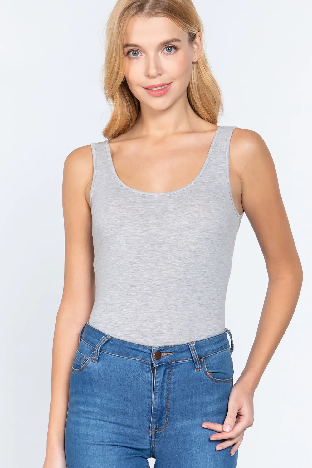 Khanomak Women's Sleeveless Double Scoop Neck Cotton Spandex Jersey Bodysuit