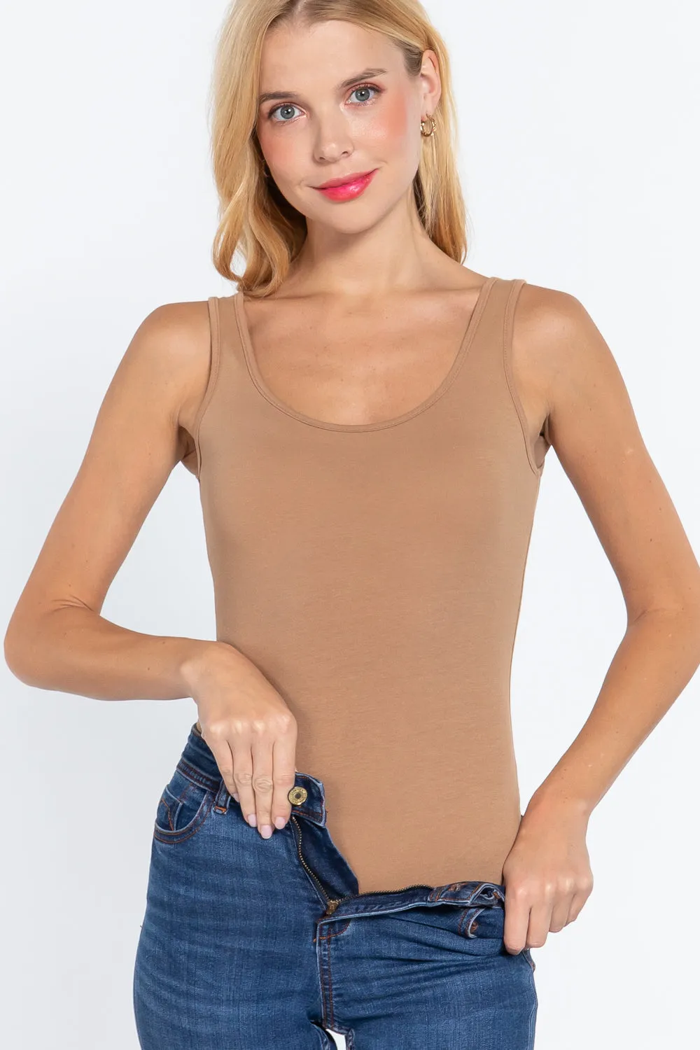 Khanomak Women's Sleeveless Double Scoop Neck Cotton Spandex Jersey Bodysuit