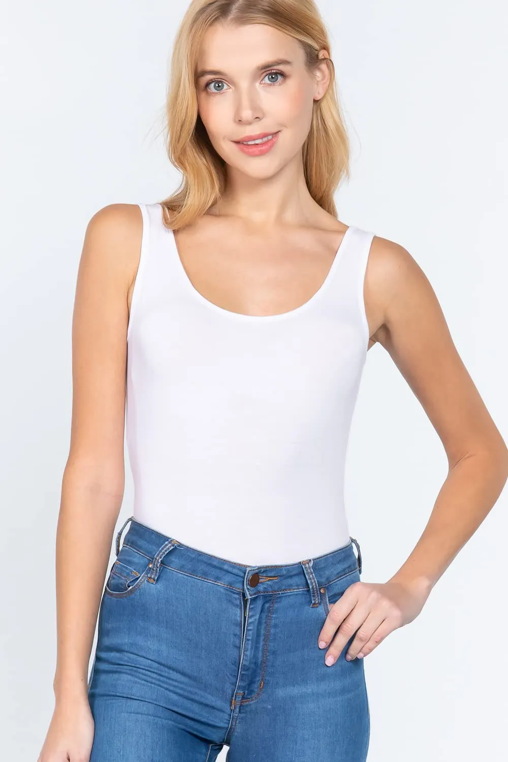 Khanomak Women's Sleeveless Double Scoop Neck Cotton Spandex Jersey Bodysuit