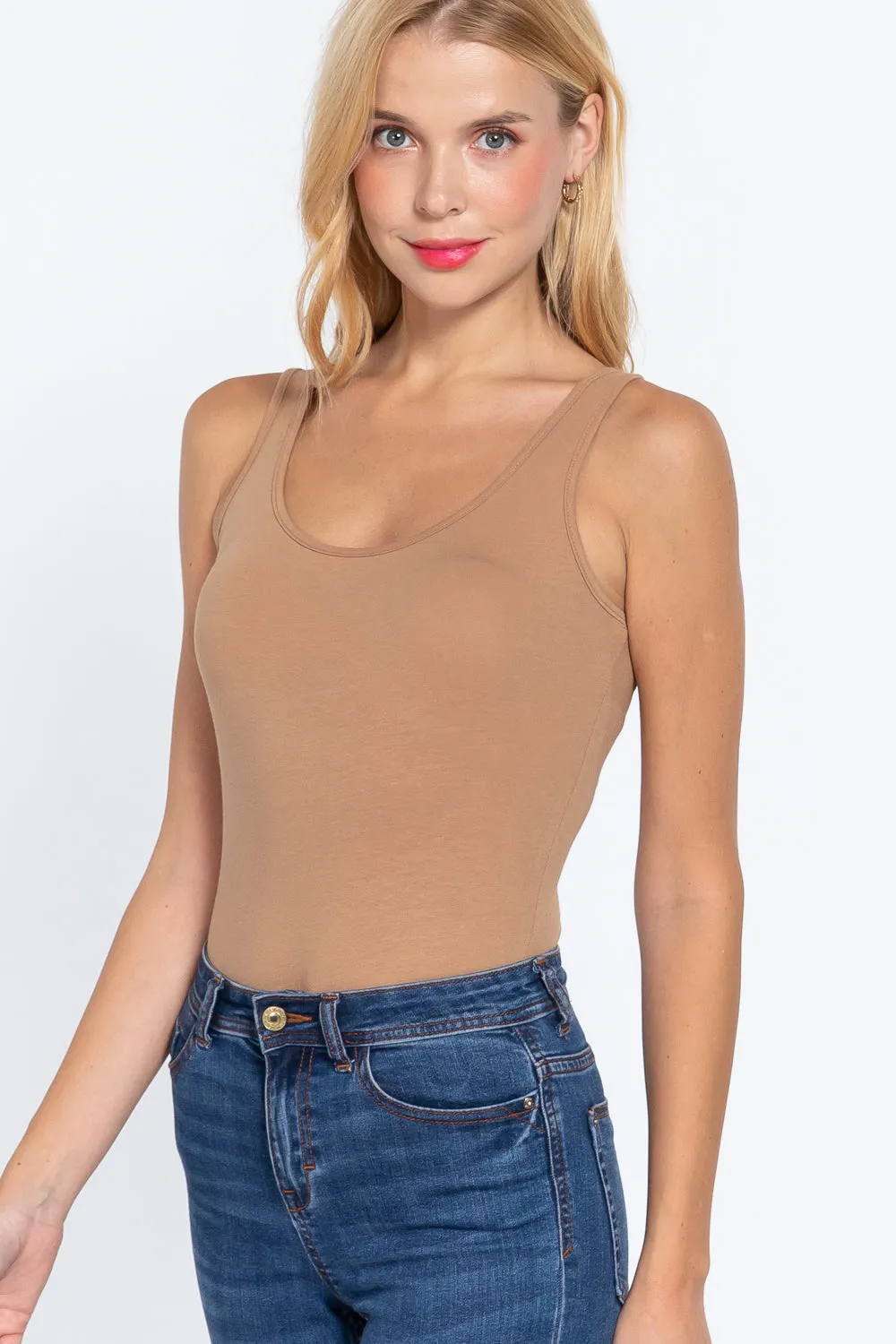 Khanomak Women's Sleeveless Double Scoop Neck Cotton Spandex Jersey Bodysuit