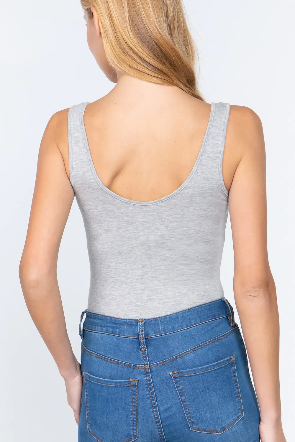 Khanomak Women's Sleeveless Double Scoop Neck Cotton Spandex Jersey Bodysuit