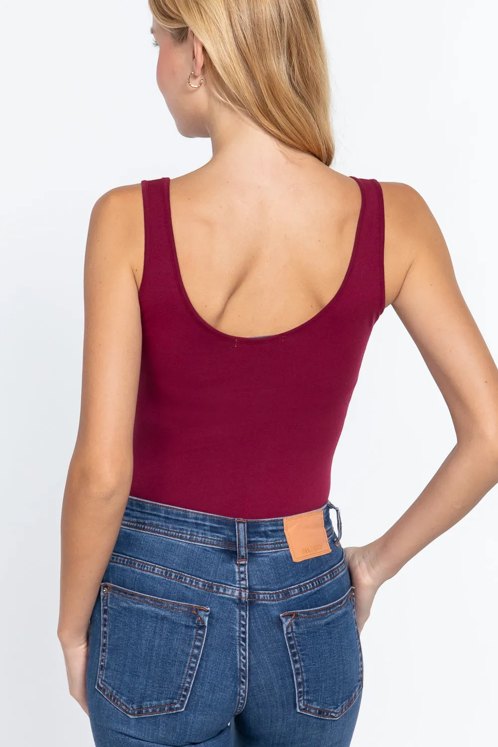 Khanomak Women's Sleeveless Double Scoop Neck Cotton Spandex Jersey Bodysuit
