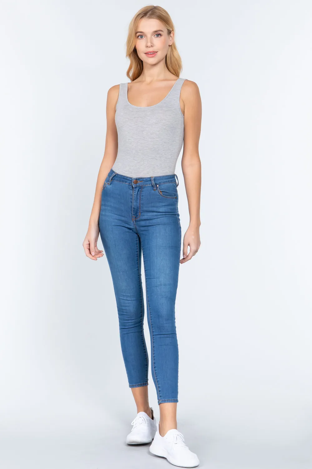 Khanomak Women's Sleeveless Double Scoop Neck Cotton Spandex Jersey Bodysuit