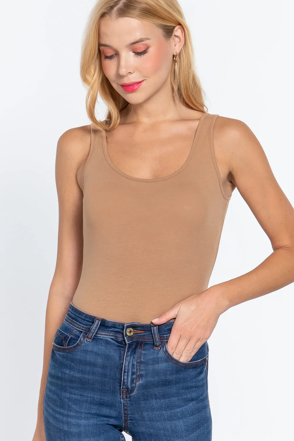 Khanomak Women's Sleeveless Double Scoop Neck Cotton Spandex Jersey Bodysuit