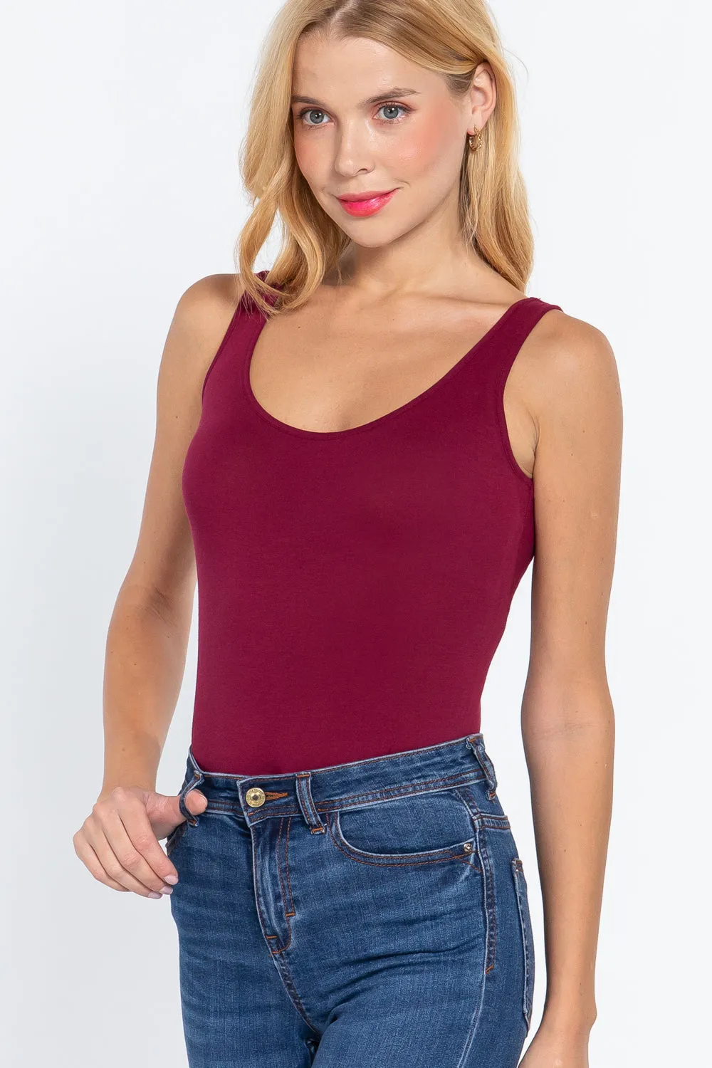 Khanomak Women's Sleeveless Double Scoop Neck Cotton Spandex Jersey Bodysuit