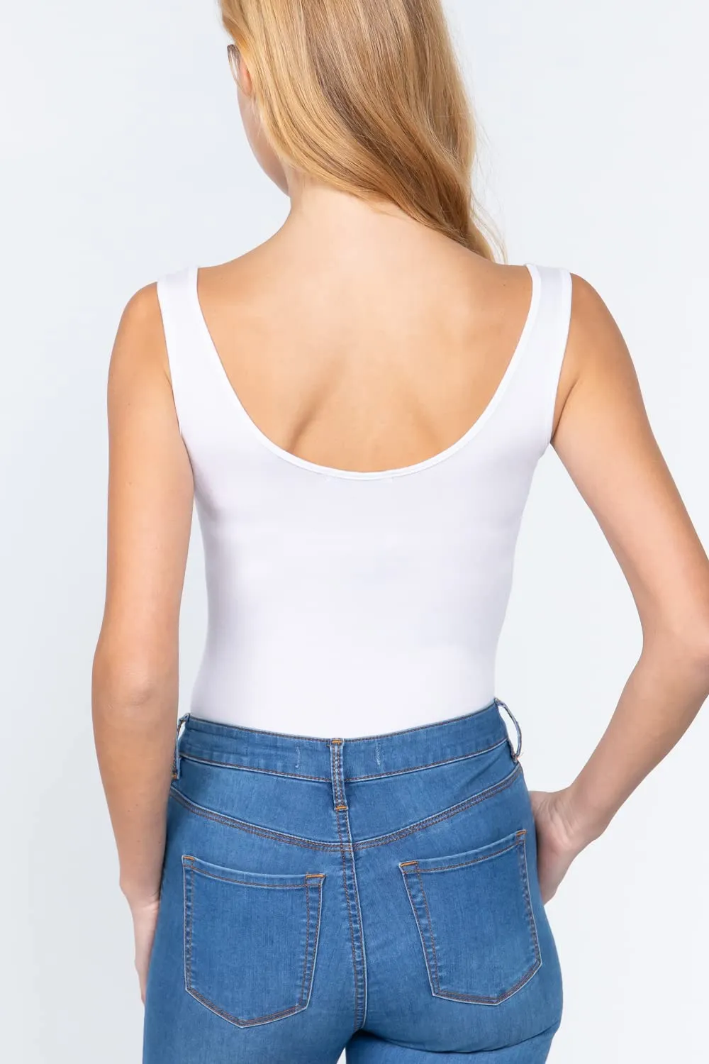 Khanomak Women's Sleeveless Double Scoop Neck Cotton Spandex Jersey Bodysuit