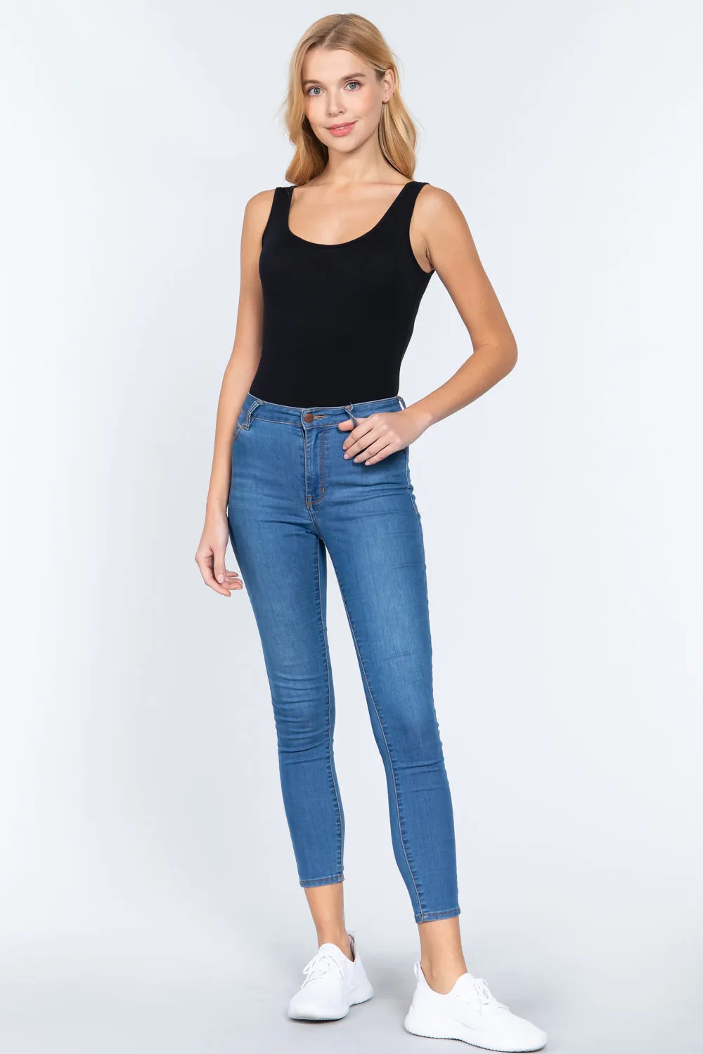 Khanomak Women's Sleeveless Double Scoop Neck Cotton Spandex Jersey Bodysuit