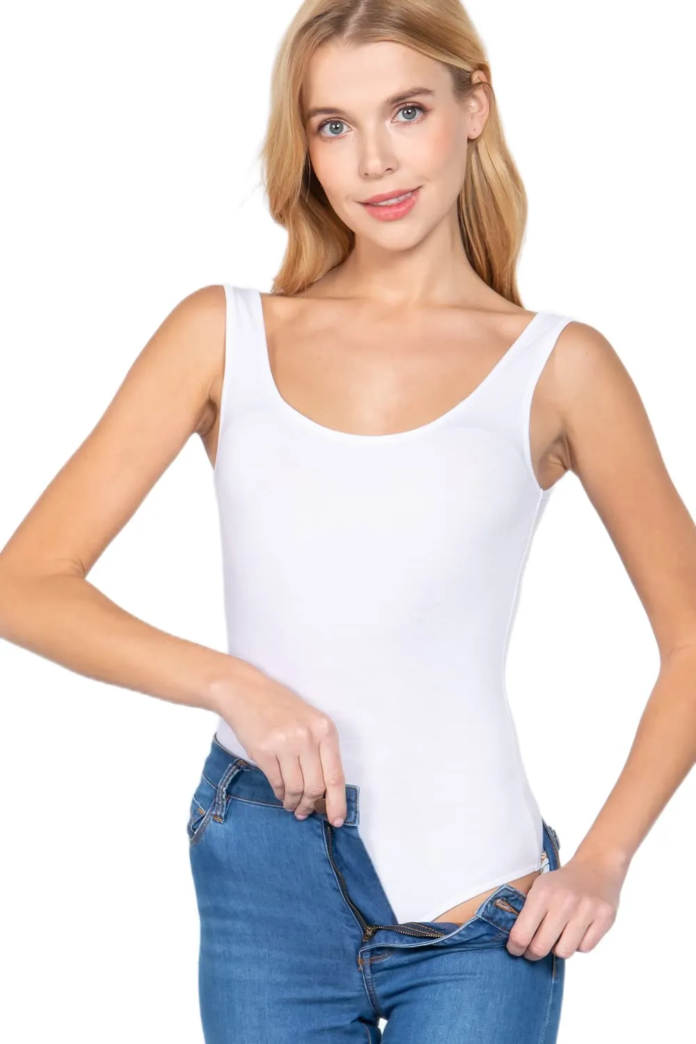 Khanomak Women's Sleeveless Double Scoop Neck Cotton Spandex Jersey Bodysuit