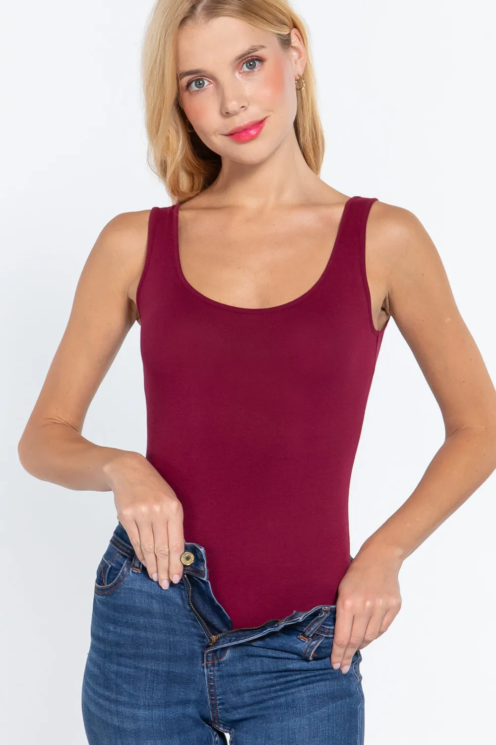 Khanomak Women's Sleeveless Double Scoop Neck Cotton Spandex Jersey Bodysuit