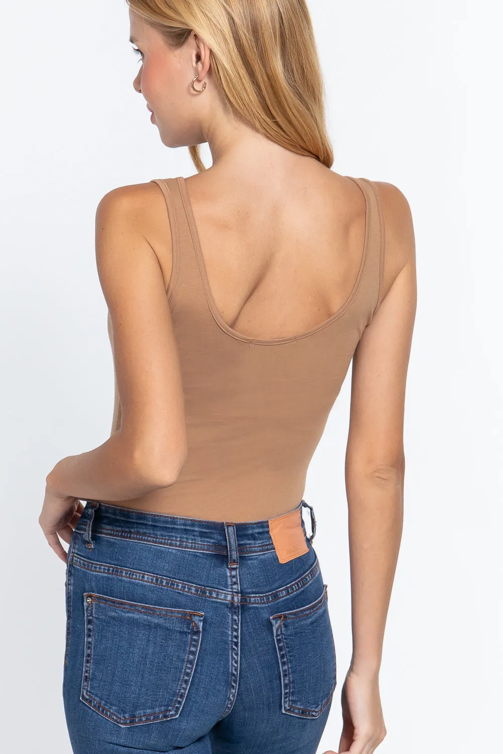 Khanomak Women's Sleeveless Double Scoop Neck Cotton Spandex Jersey Bodysuit