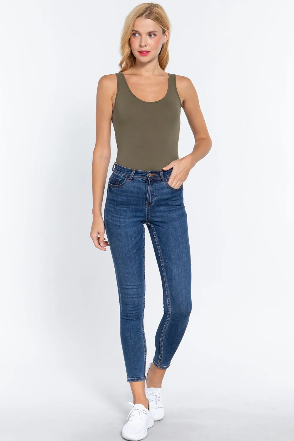 Khanomak Women's Sleeveless Double Scoop Neck Cotton Spandex Jersey Bodysuit
