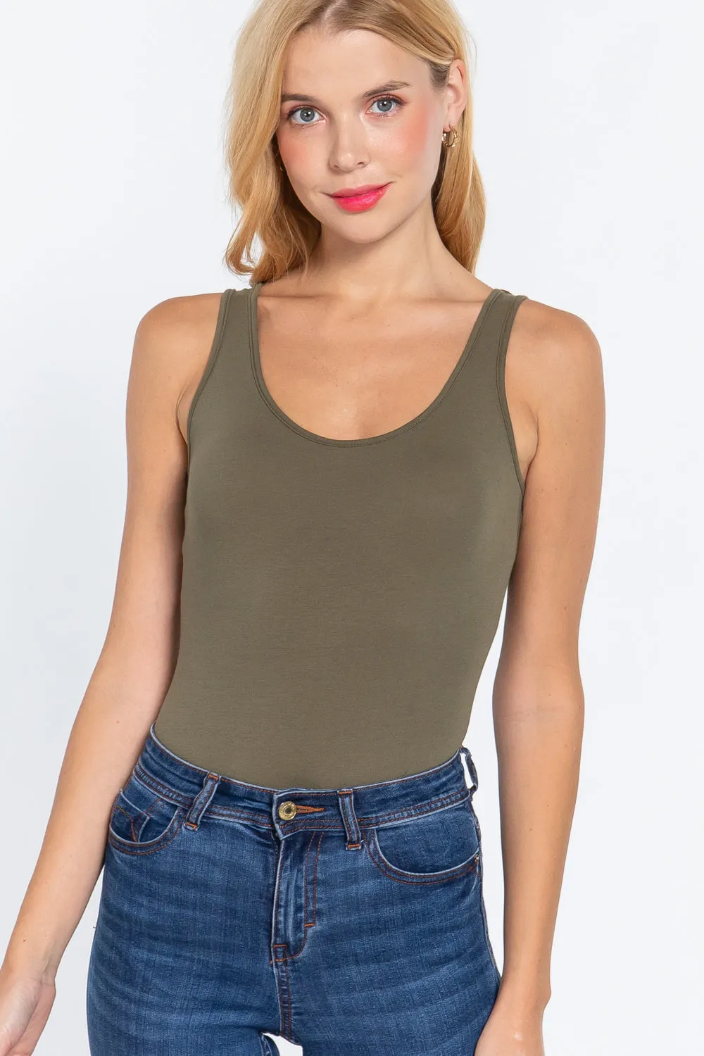 Khanomak Women's Sleeveless Double Scoop Neck Cotton Spandex Jersey Bodysuit
