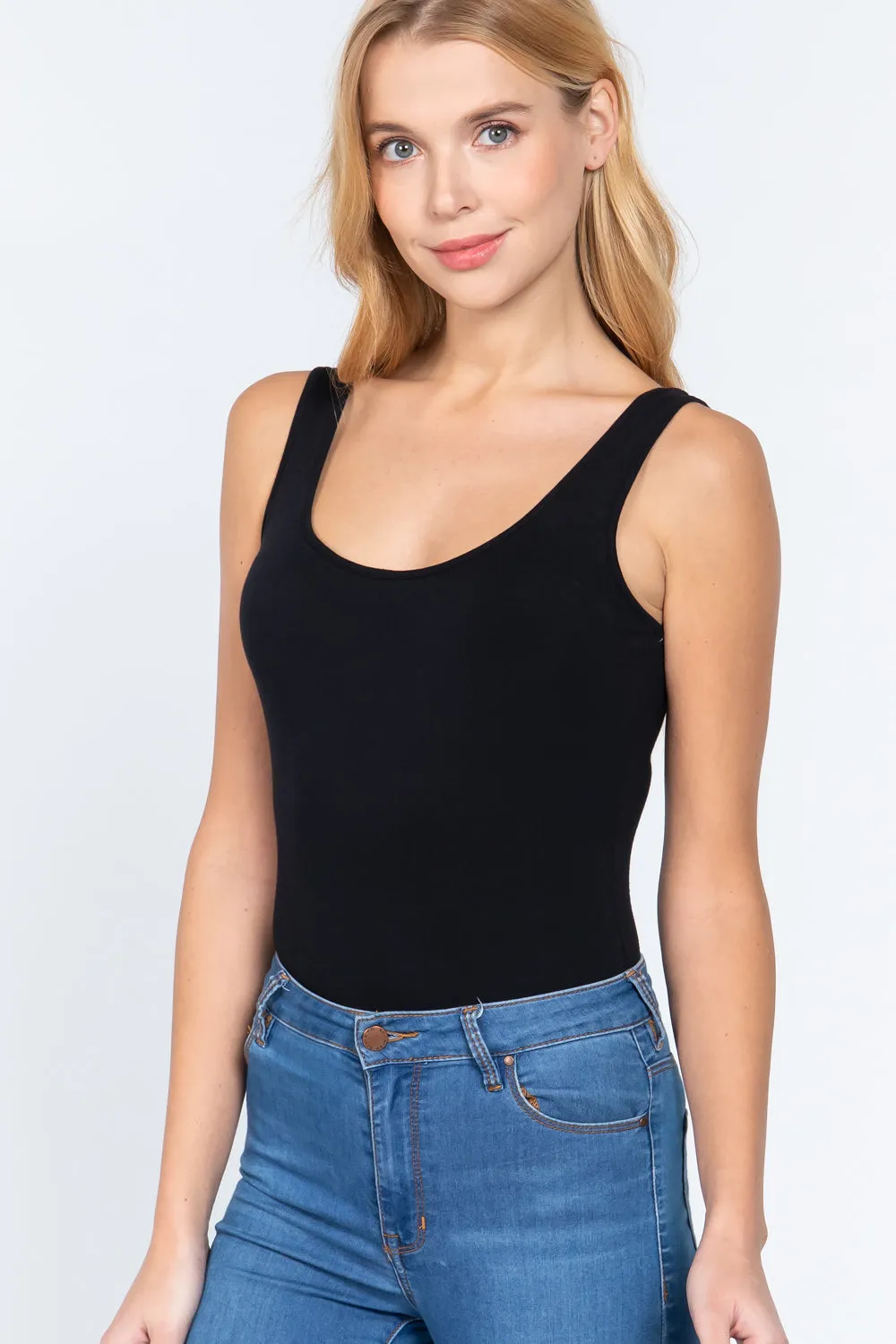 Khanomak Women's Sleeveless Double Scoop Neck Cotton Spandex Jersey Bodysuit