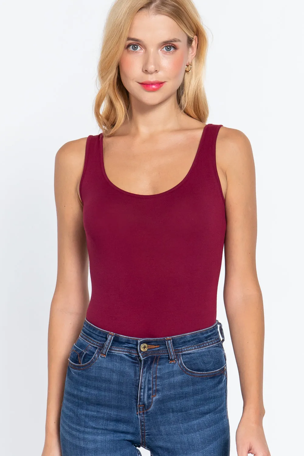 Khanomak Women's Sleeveless Double Scoop Neck Cotton Spandex Jersey Bodysuit