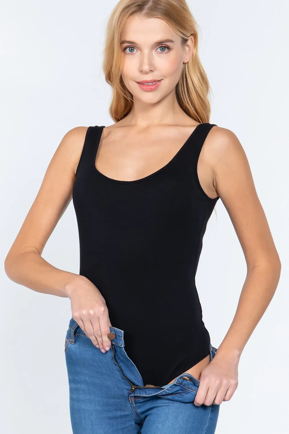Khanomak Women's Sleeveless Double Scoop Neck Cotton Spandex Jersey Bodysuit