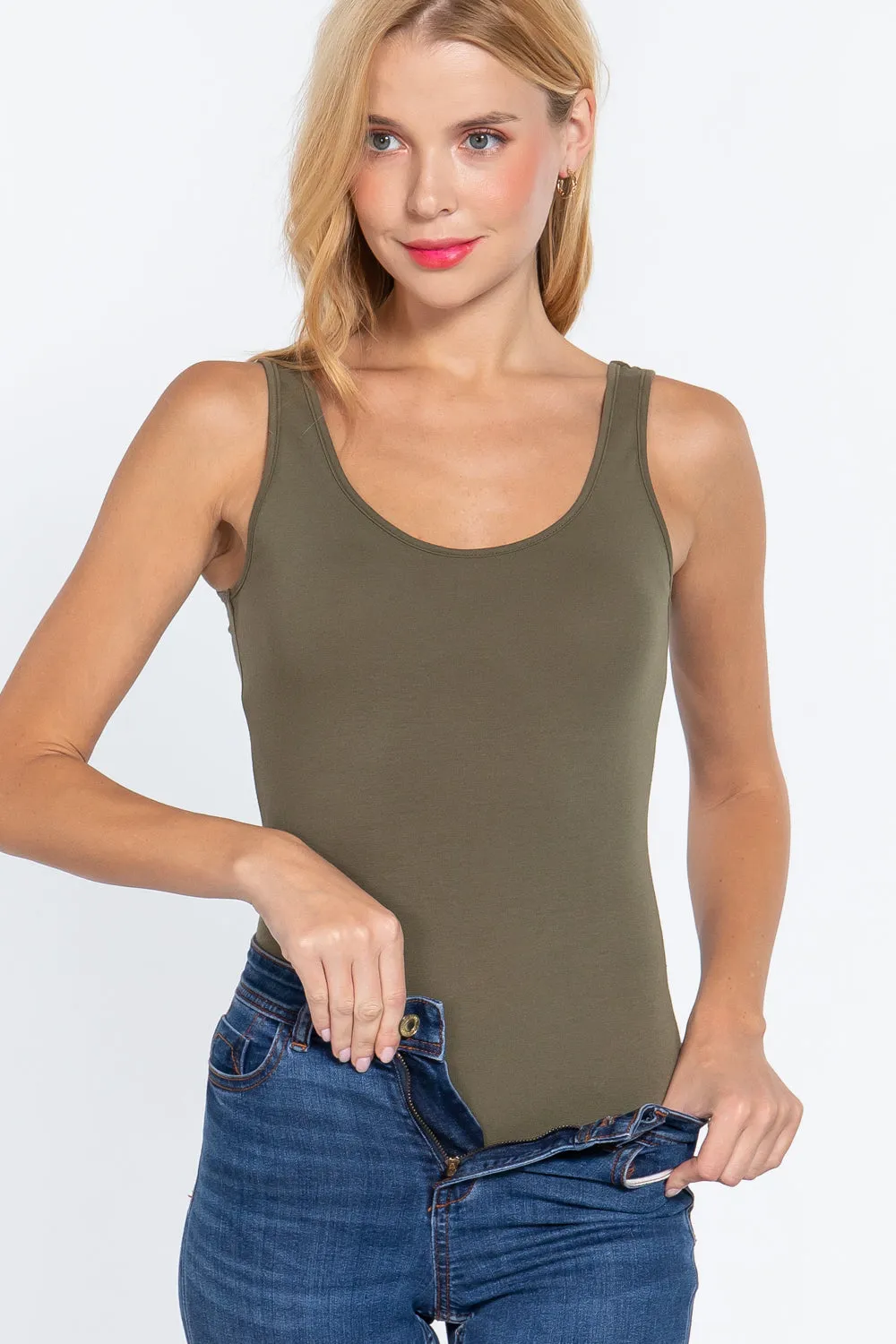 Khanomak Women's Sleeveless Double Scoop Neck Cotton Spandex Jersey Bodysuit