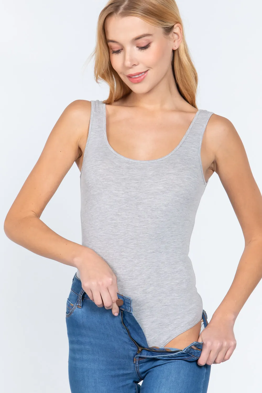 Khanomak Women's Sleeveless Double Scoop Neck Cotton Spandex Jersey Bodysuit