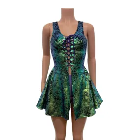 Lace-Up Open-Front Dress - Green on Black Gilded Velvet