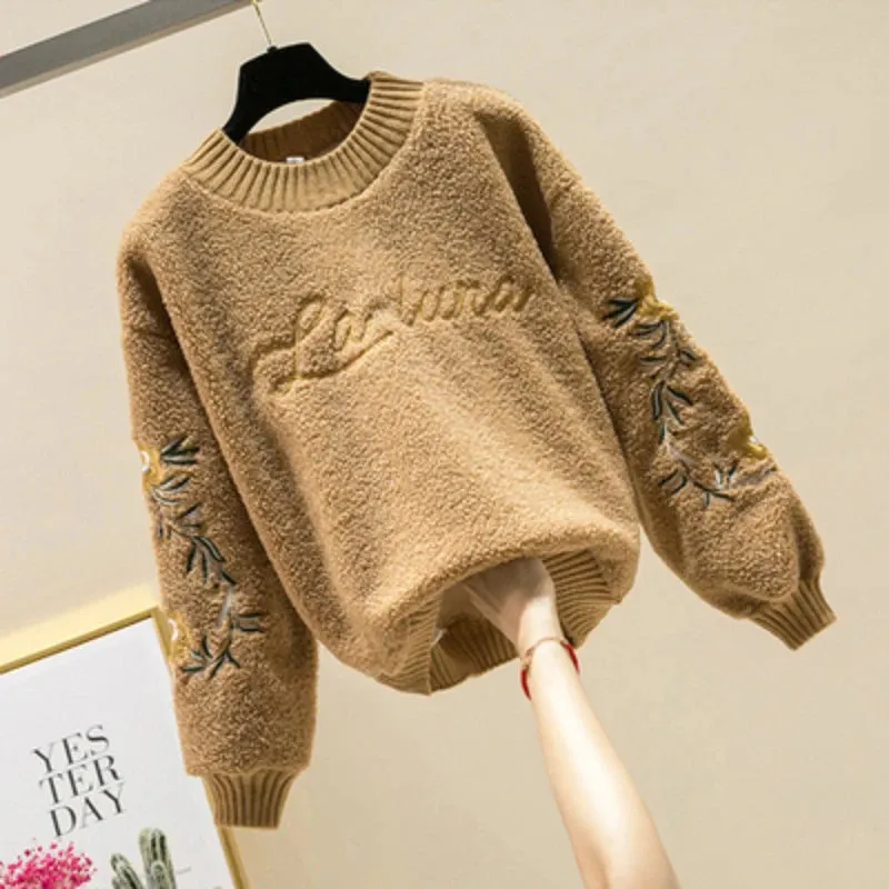 Lady Glams Fall Winter O-Neck Lambswool Pullover - A Cozy Embroidered Sweatshirt for Ladies