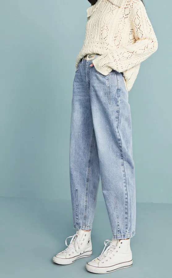 LEDDIN DESIGN BALLOON LEG BOYFRIEND JEANS IN VINTAGE WASH BLUE