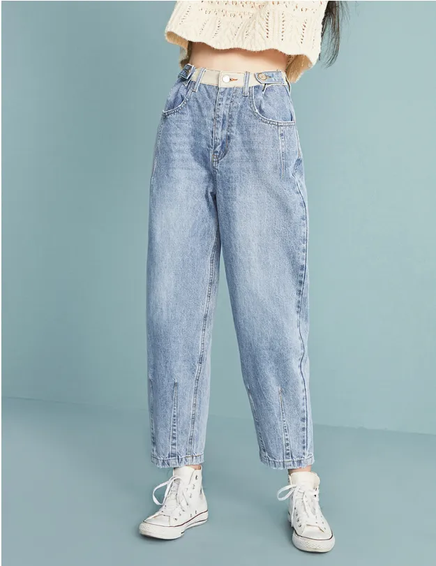 LEDDIN DESIGN BALLOON LEG BOYFRIEND JEANS IN VINTAGE WASH BLUE