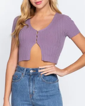 Lilac Purple Short Sleeve Front Hook and Eye Closure Crop Top