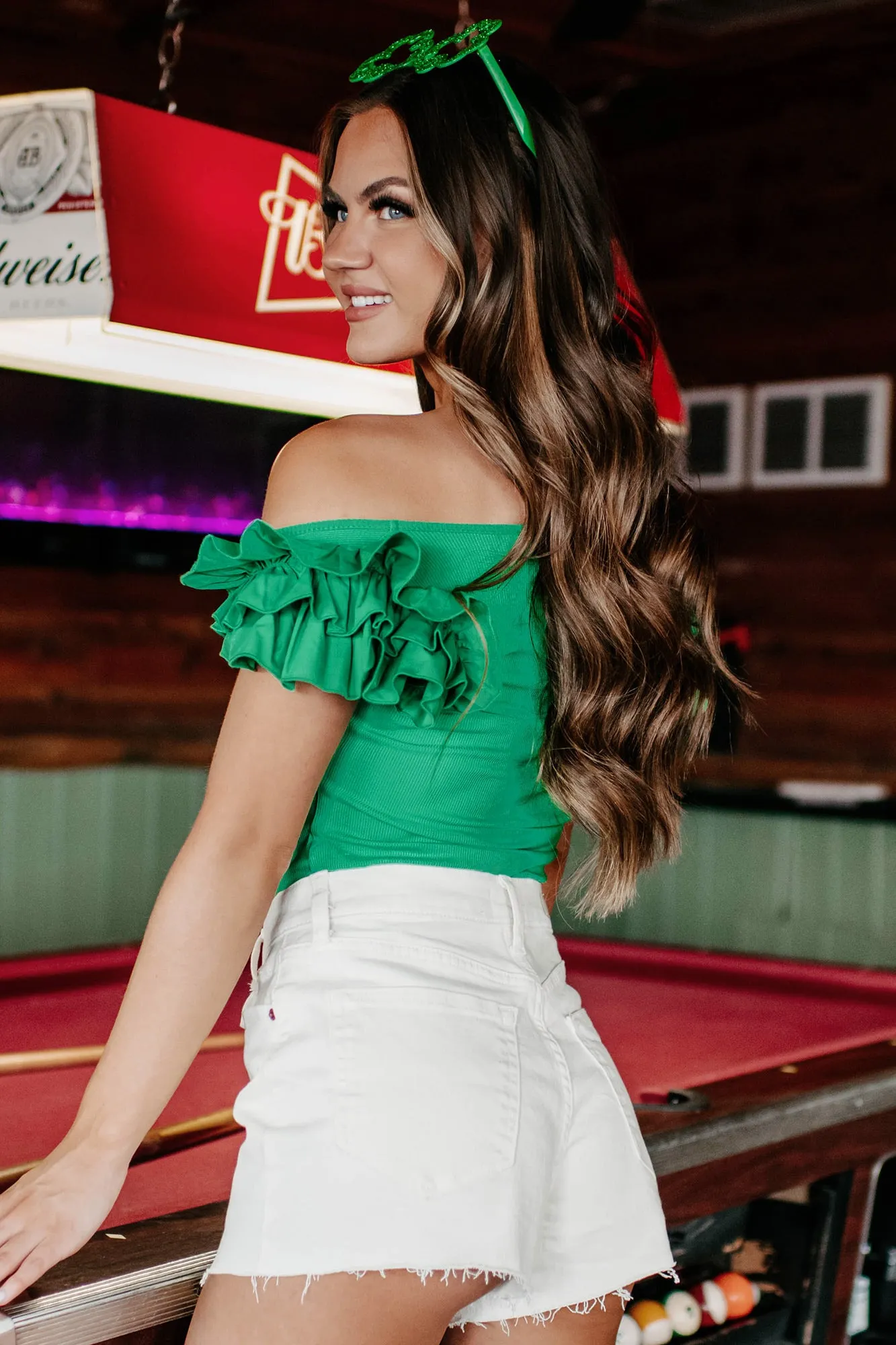 Made For Merriment Ribbed Ruffled Shoulder Bodysuit (Kelly Green)