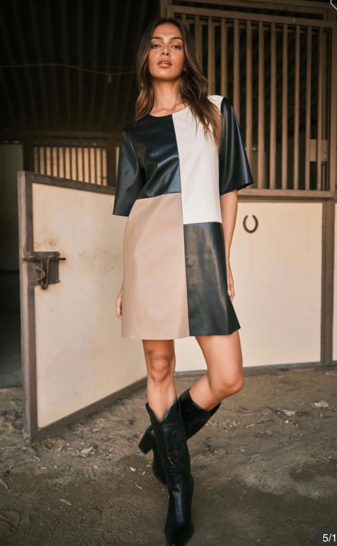 Medium-Color Block Faux Leather Dress